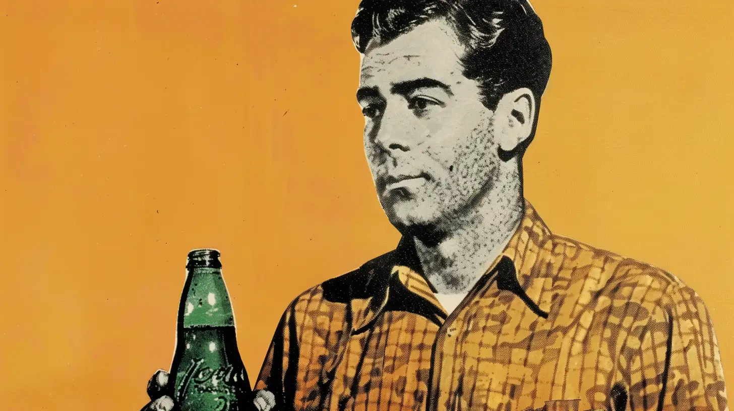 Portrait of a man holding a soda bottle © History Oasis Halftone portrait of a man in a plaid shirt holding a green soda bottle