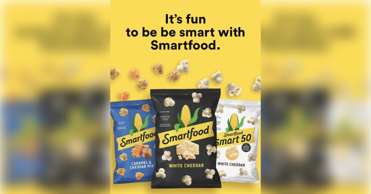 Frito-Lay Smartfood popcorn ad with white cheddar and caramel cheddar bags