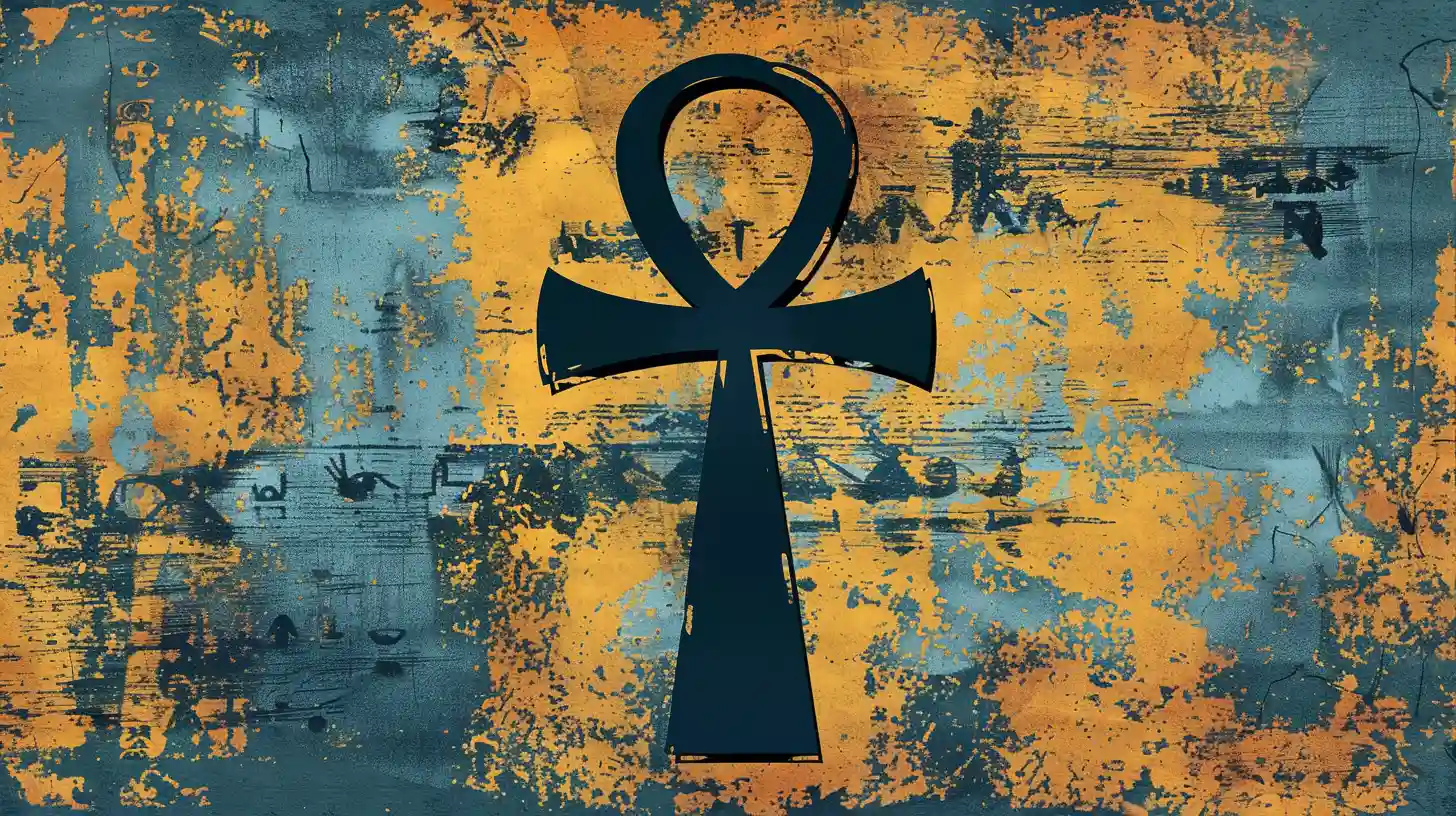 Egyptian ankh symbol © History Oasis Egyptian ankh symbol silhouette on weathered gold and blue wall
