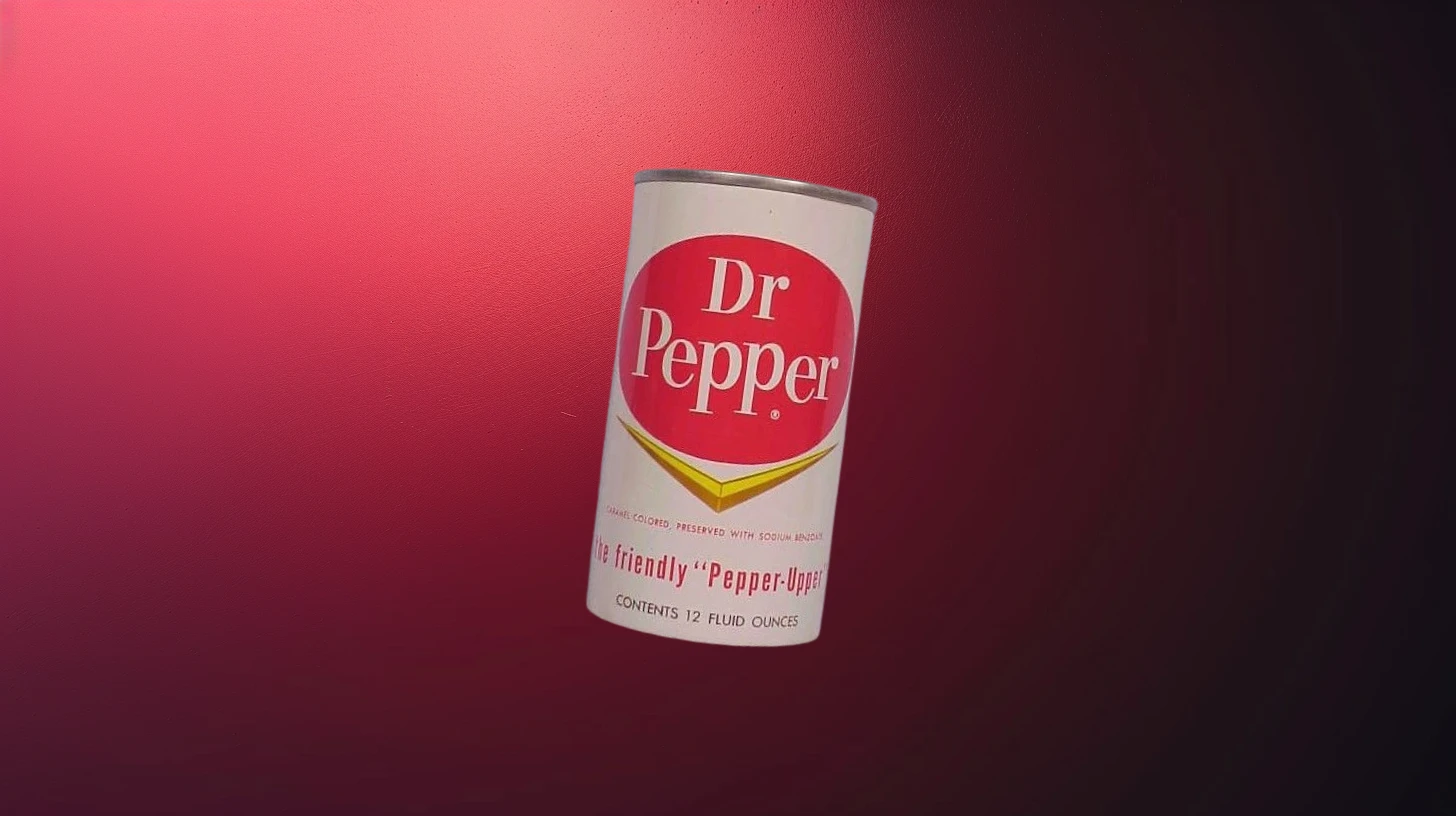 Dr Pepper 1963 white Dr Pepper can with red oval logo and gold arrow