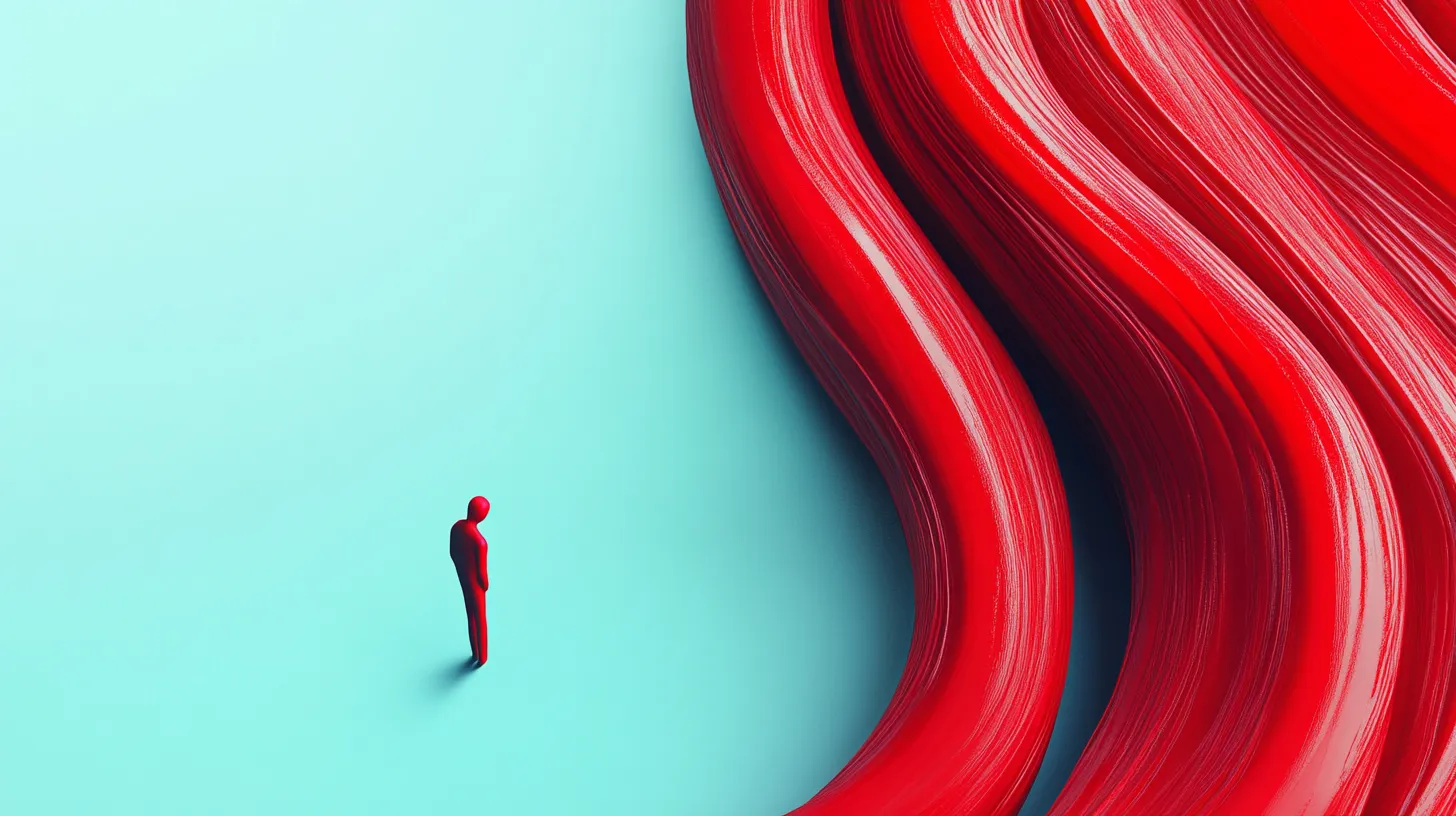 Giant red licorice twists dwarfing a tiny human figure