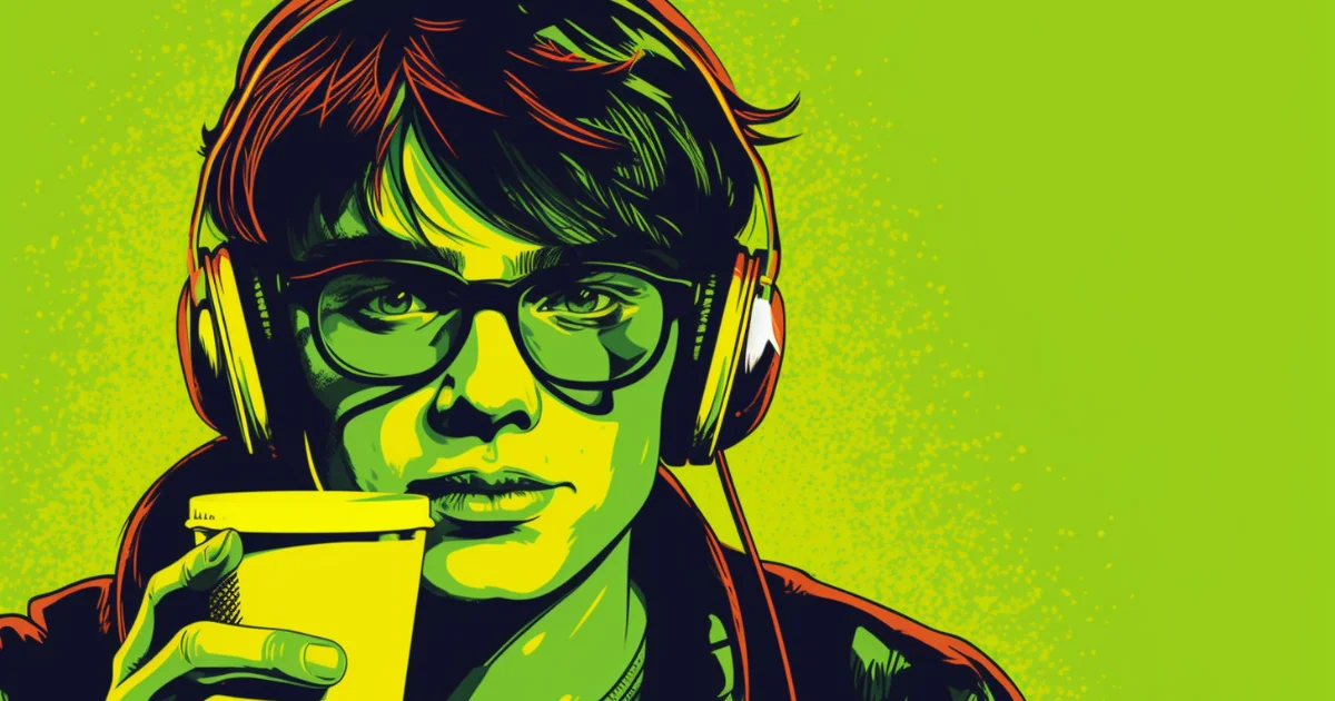 Caffeinated teenager illustration © History Oasis pop art of a teenager in headphones and glasses sipping a neon green drink