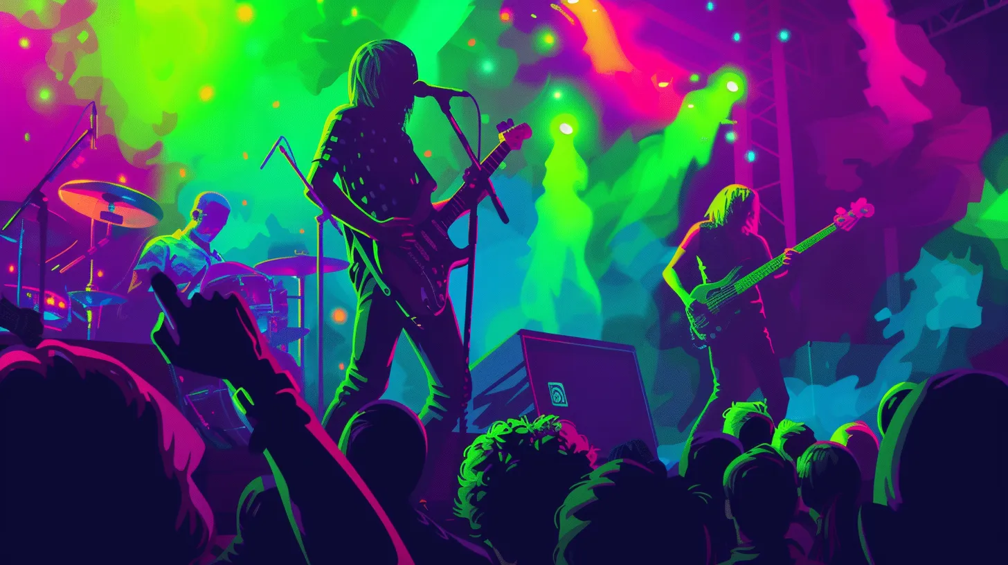 SurgeFest concert illustration © History Oasis neon green illustration of a rock band playing to a crowd at SurgeFest