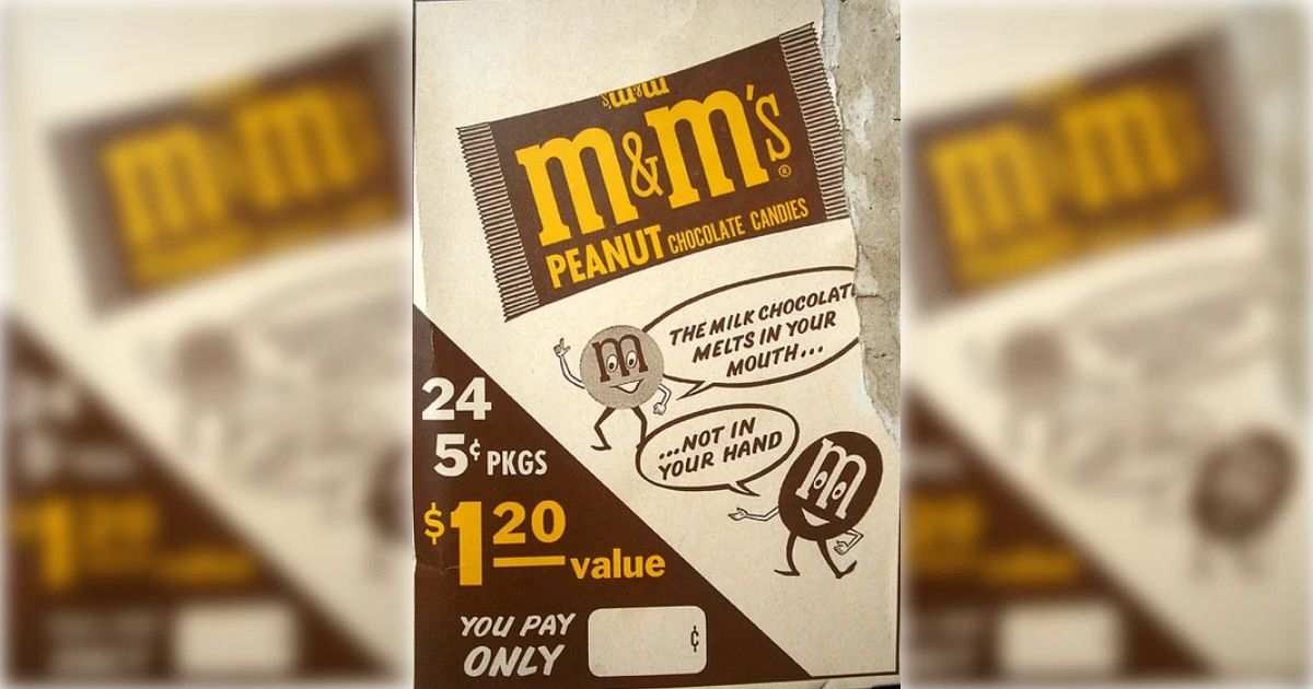 Mars Inc. Vintage M&M’s Peanut display card with two cartoon candy characters