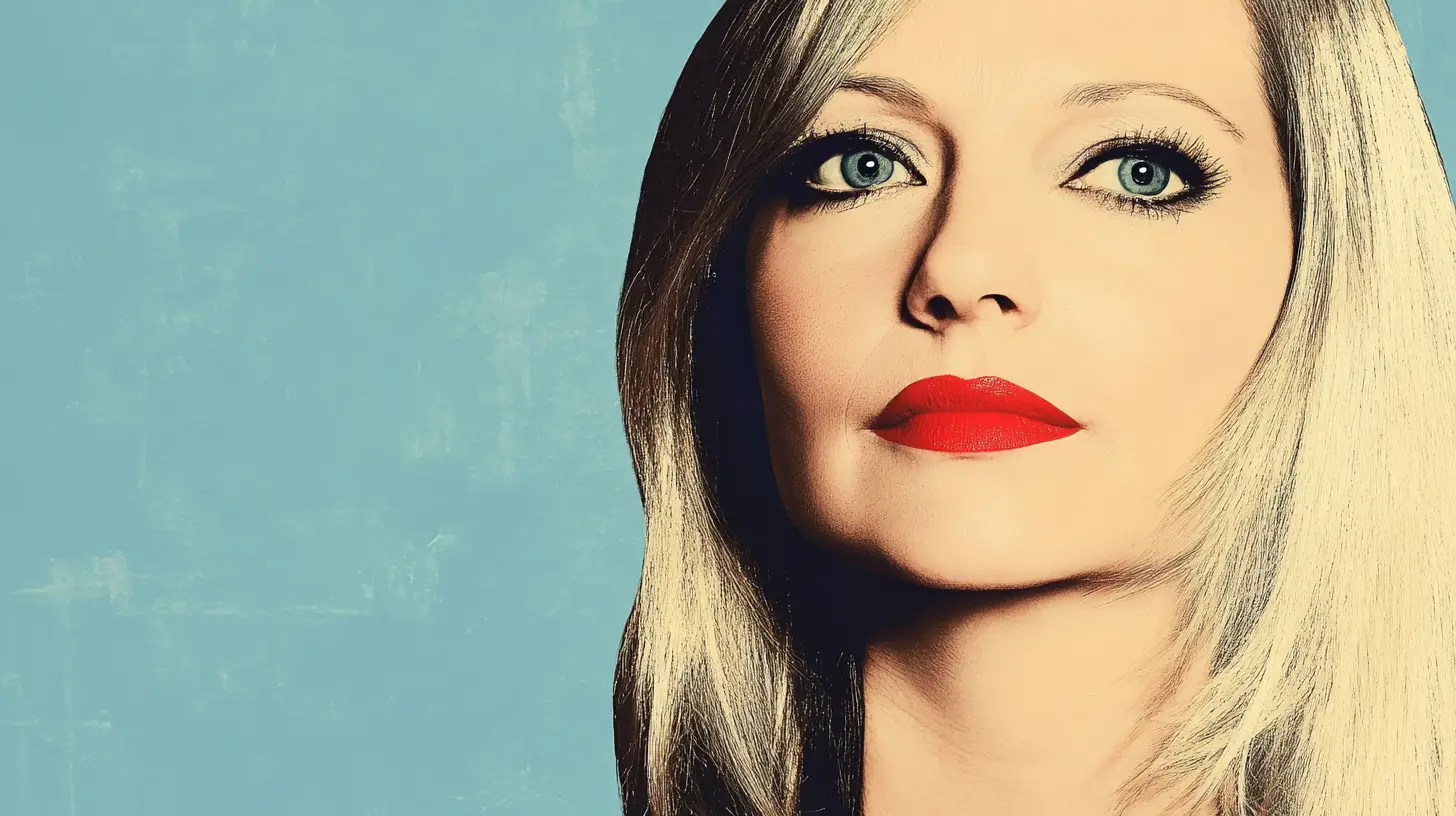 Pop-art portrait of a blonde woman with red lipstick on blue background