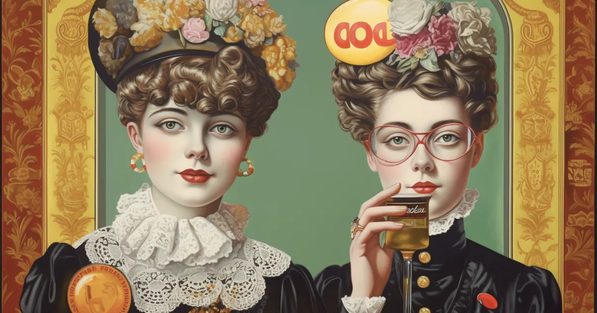 Victorian-era illustration © History Oasis Illustrated Victorian women in lace collars, one sipping from a glass