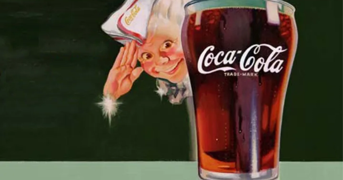 Sprite Boy peeking beside a Coca-Cola fountain glass in vintage ad