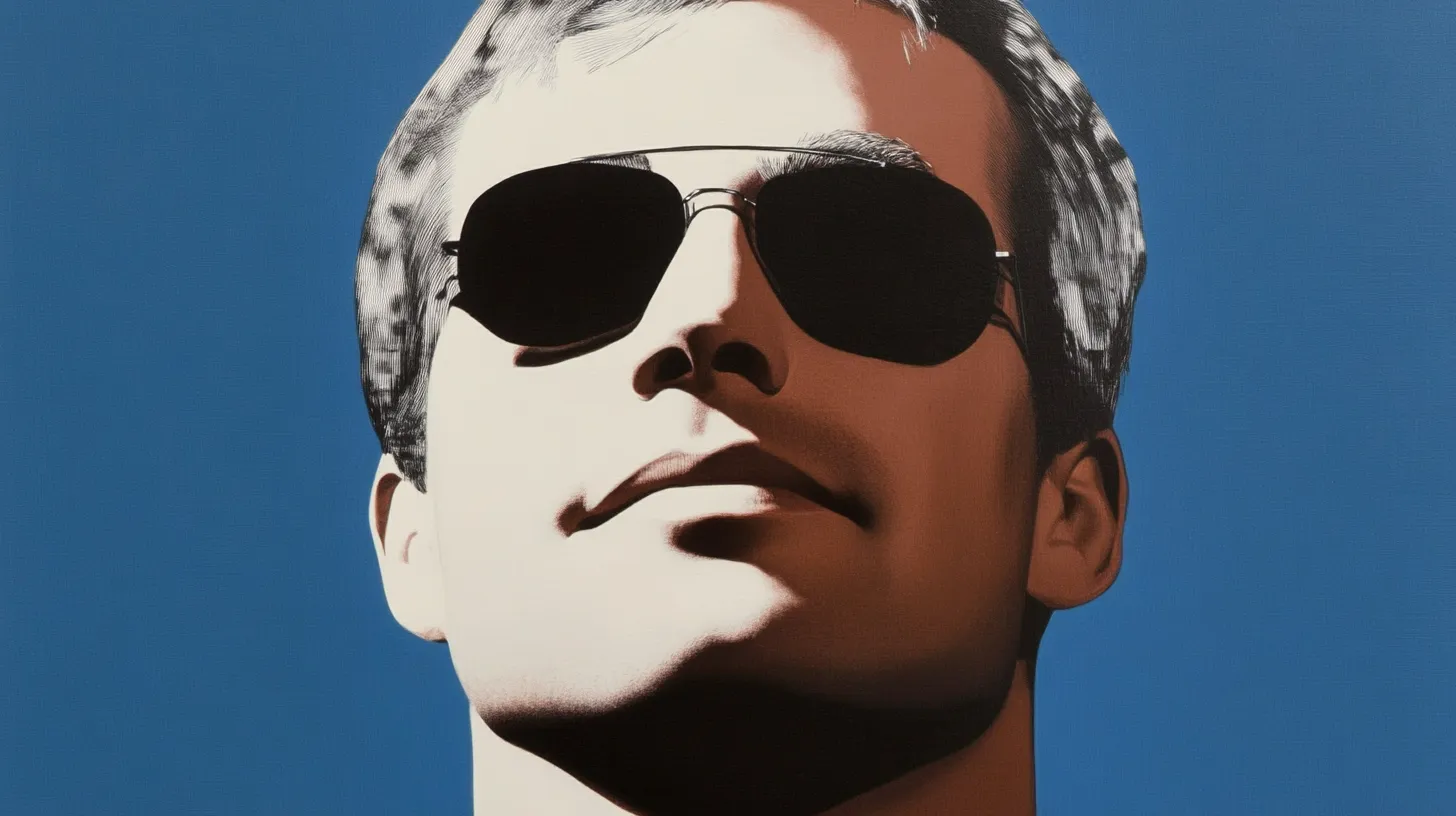Jamie Dimon © History Oasis Man in aviator sunglasses and a dark suit against a blue background
