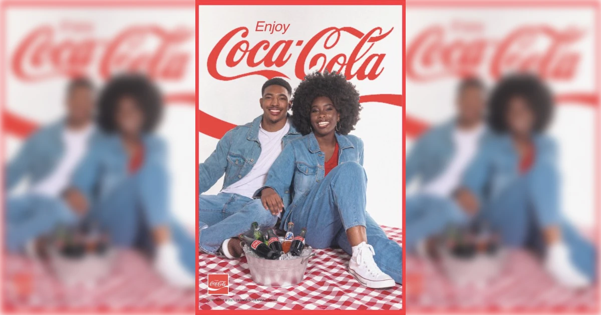 The Coca-Cola Company Enjoy Coca-Cola poster with denim-clad couple and bottle bucket