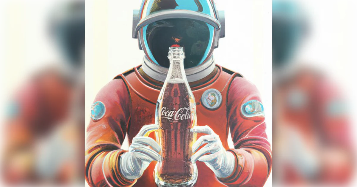 The Coca-Cola Company astronaut in orange spacesuit holding a Coca-Cola bottle, Real Magic art