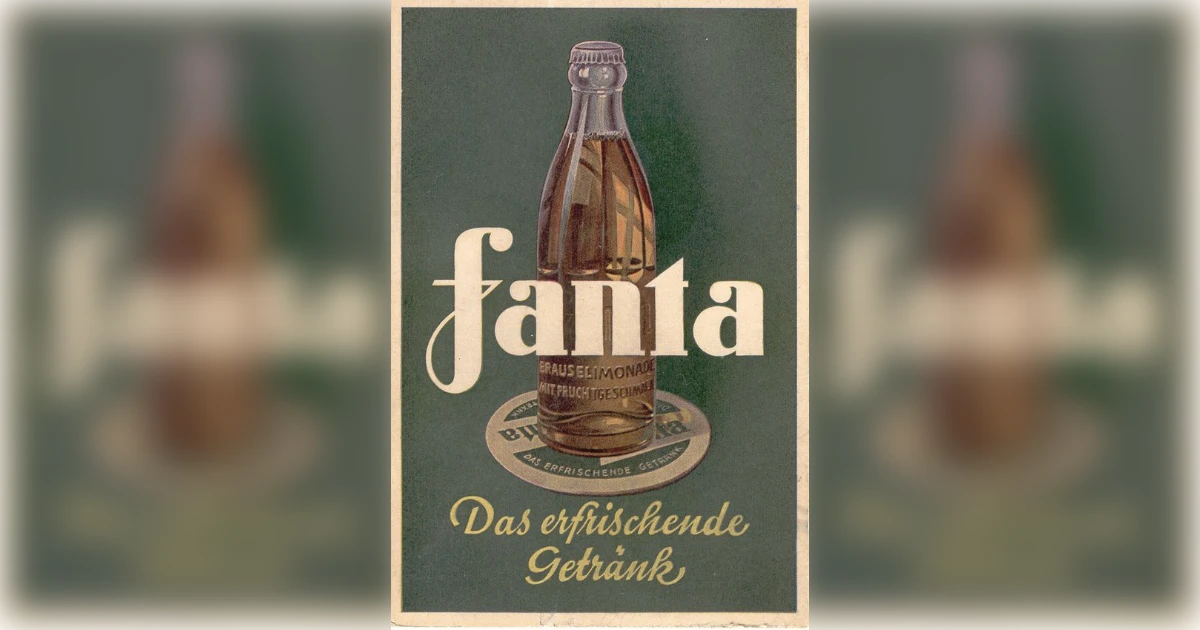 Vintage German Fanta ad card with bottle on green background