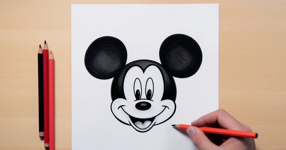 Hand drawing a cartoon mouse face in pencil on white paper