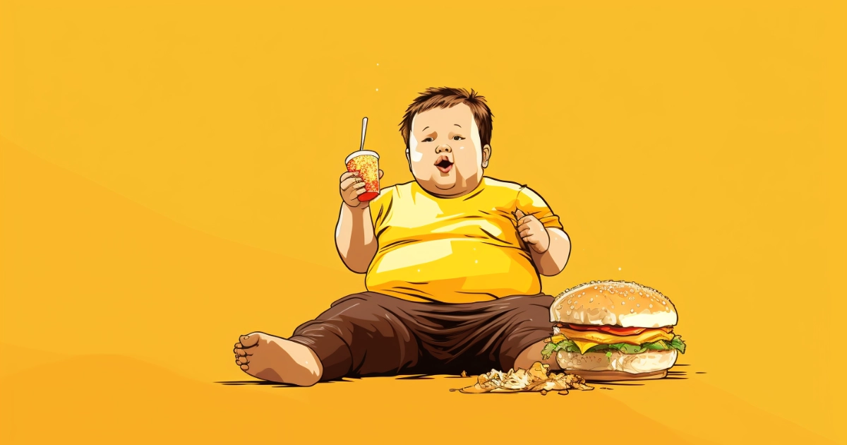 Cartoon of an overweight child with a soda cup and cheeseburger