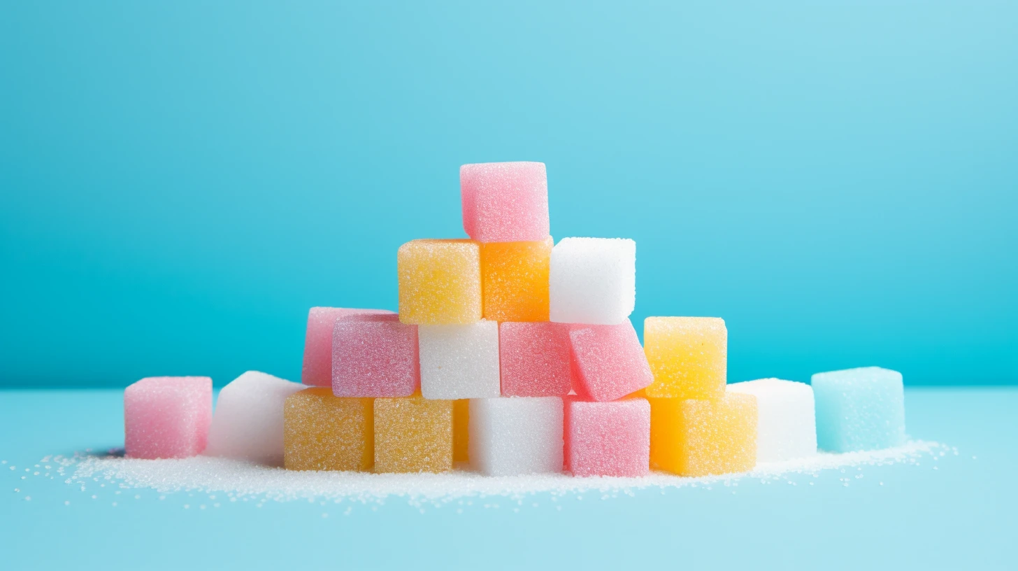 Pile of pink, yellow, and white sugar cubes on blue