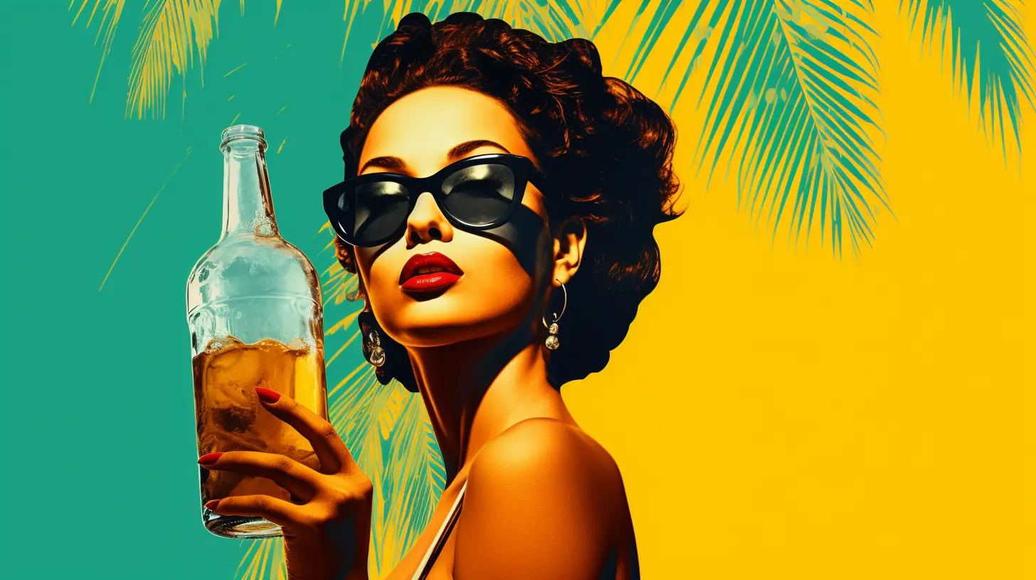 Retro illustration of a woman in sunglasses holding a glass bottle