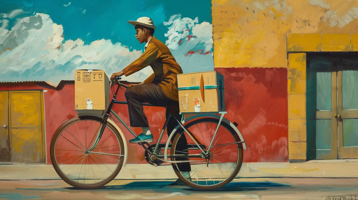 Sabritas built its first routes on bicycles © History Oasis A delivery rider carrying boxes on a bicycle past a red and yellow Mexican storefront