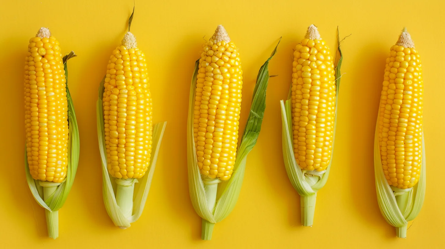 StarLink corn was approved for animal feed only, never for people © History Oasis Five ears of yellow corn laid out on a bright yellow background