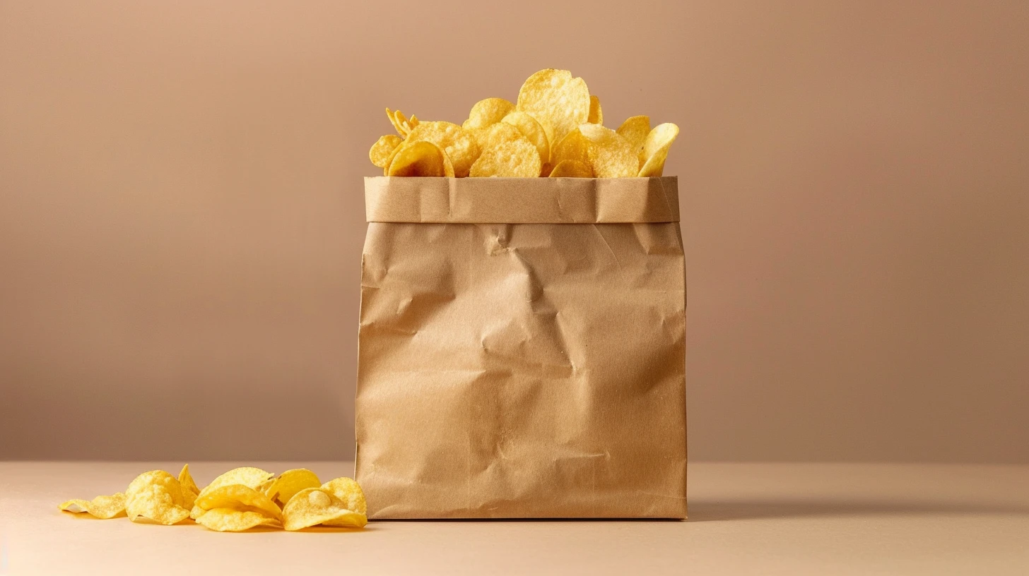 Hand Stapled Waxed Paper Bag Filled With Potato Chips