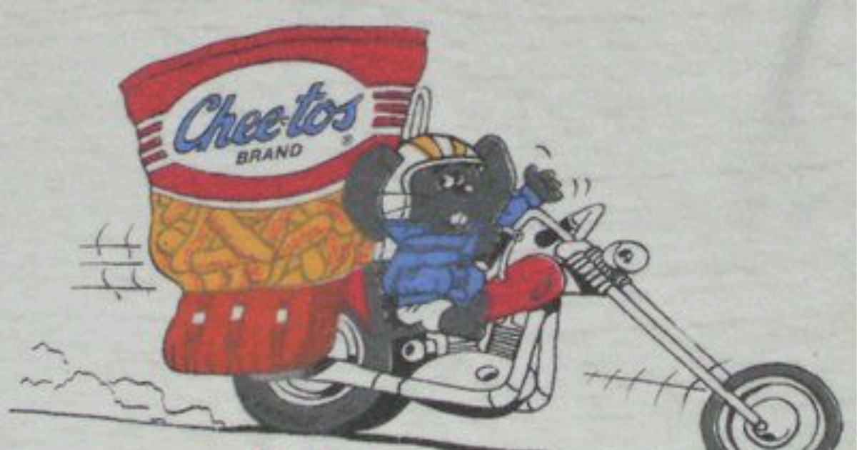 Frito Lay Cheetos Mouse mascot cartoon riding motorcycle with Chee-tos bag