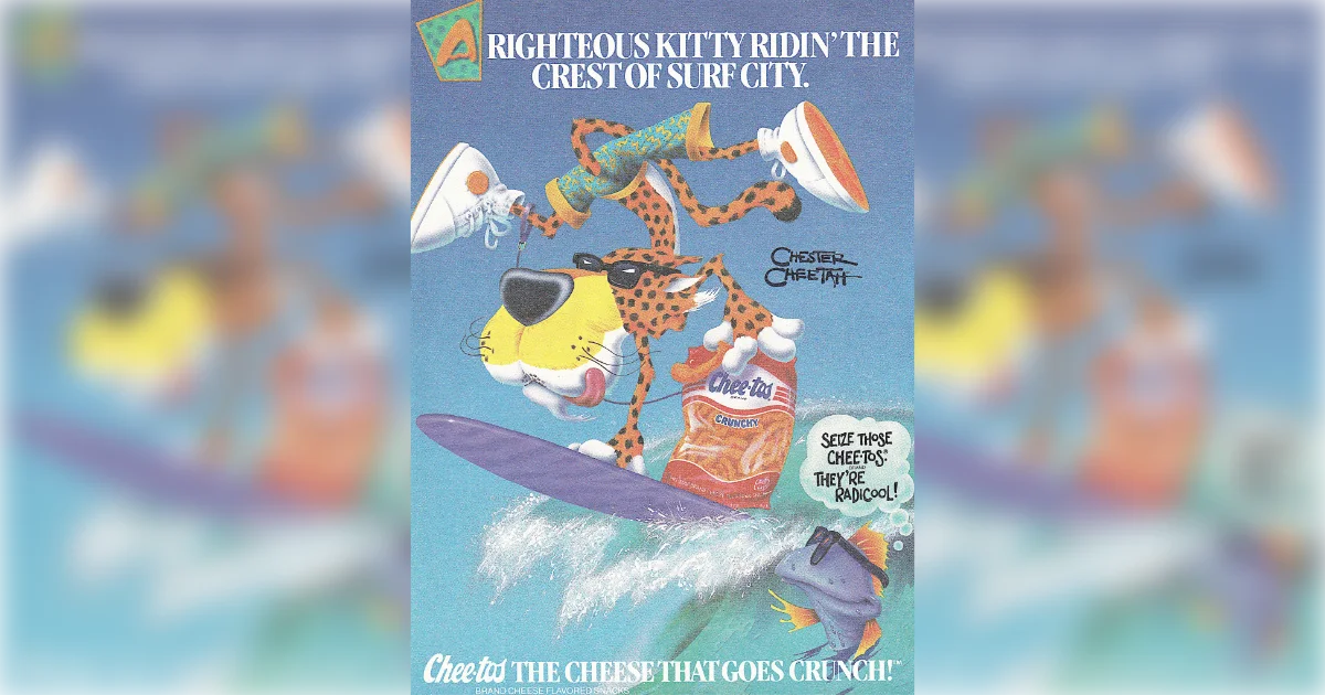 Frito-Lay Vintage Chester Cheetah Cheetos ad with surfing cheetah