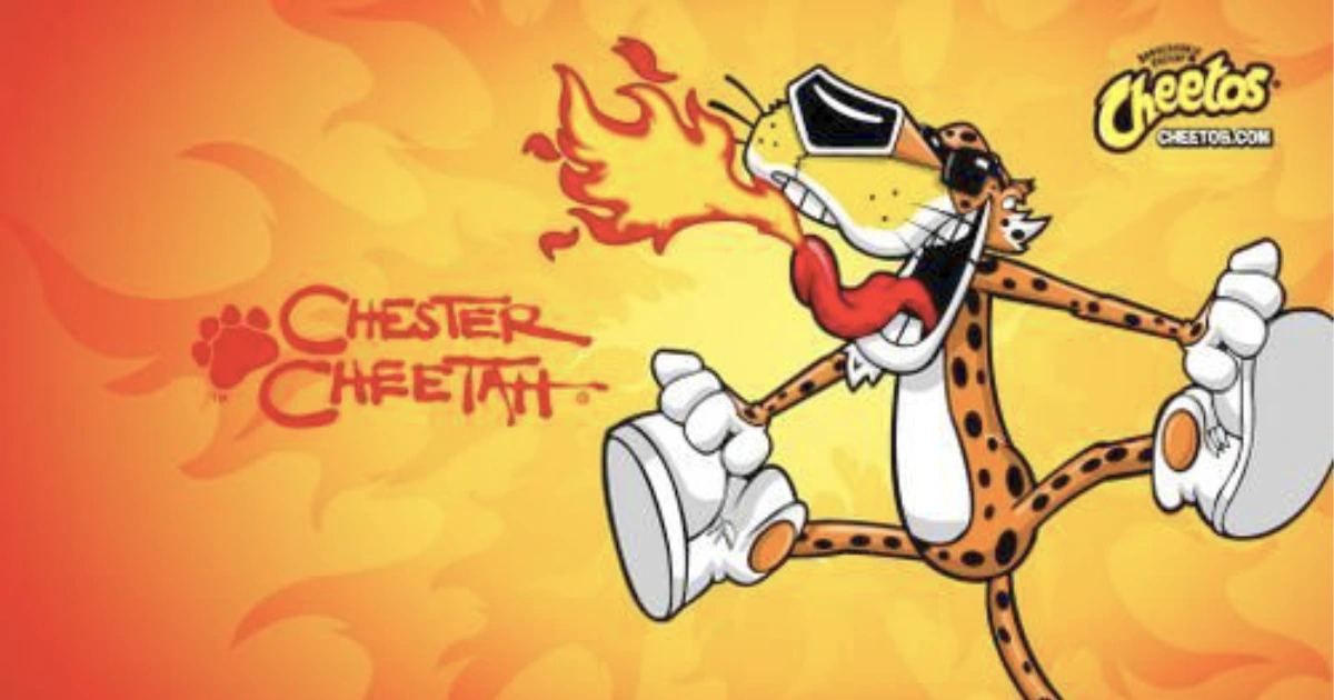 Frito-Lay Chester Cheetah mascot artwork breathing fire beside Cheetos logo