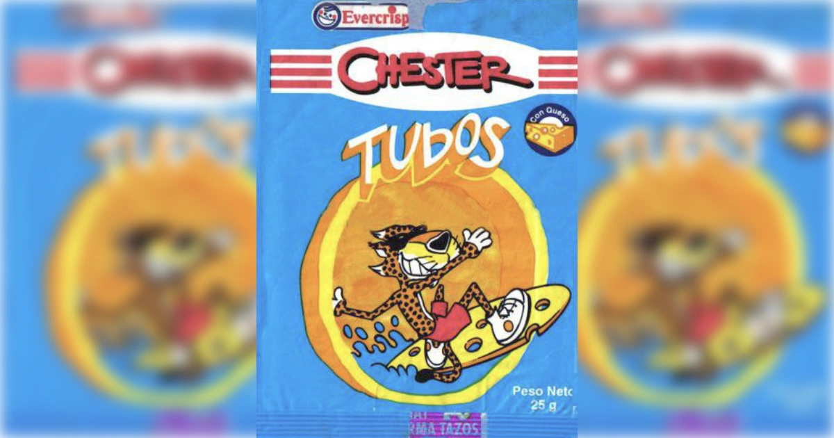 Frito-Lay Retro Chester Tubos snack bag with skateboarding Chester Cheetah