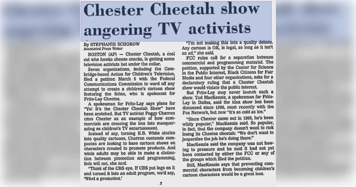 AP Newspaper clipping about Chester Cheetah TV show angering activists