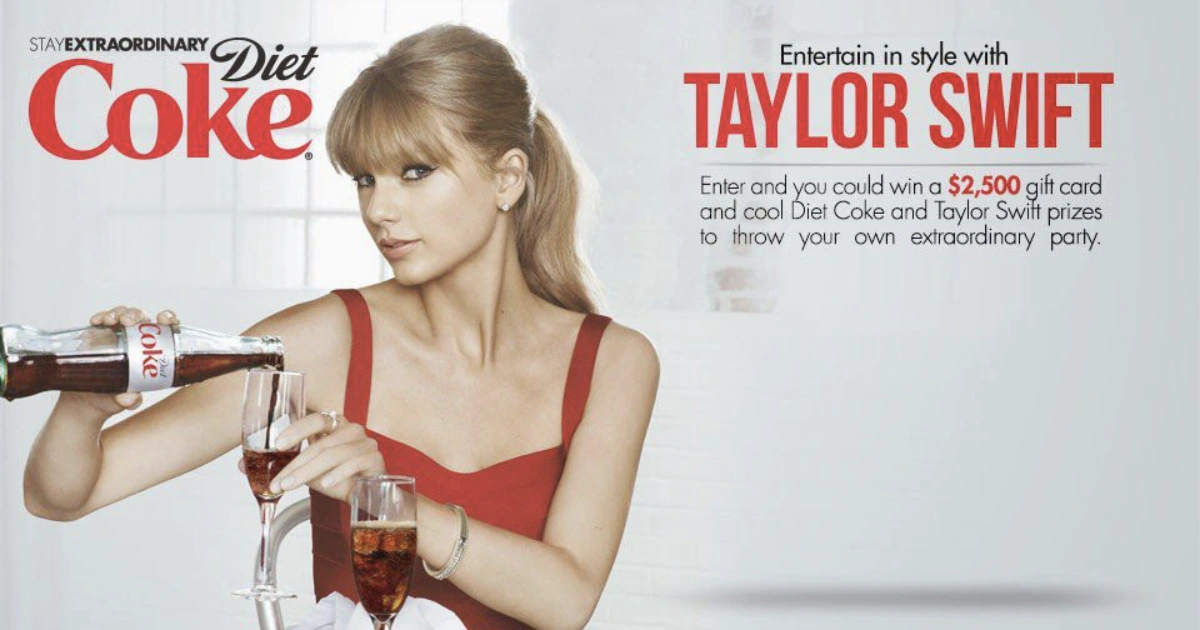 The Coca-Cola Company Taylor Swift pouring Diet Coke in a Stay Extraordinary sweepstakes ad