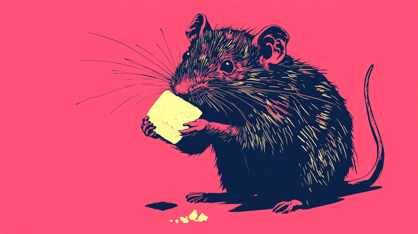 Rat nibbling a pale block © History Oasis Stylized rat illustration nibbling a pale yellow block on pink background