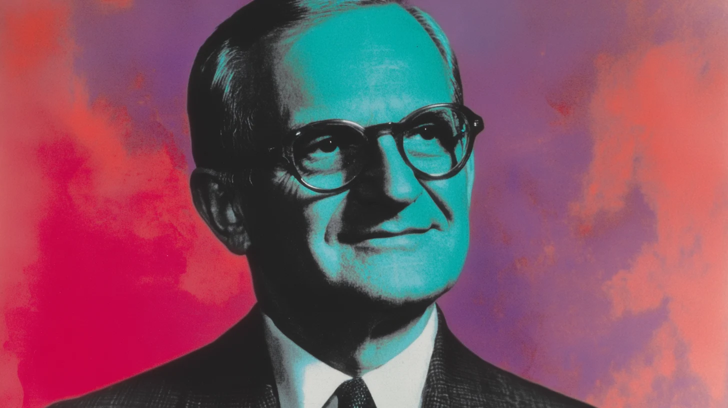 Lee Iacocca portrait © History Oasis Lee Iacocca screenprint portrait in round glasses on red background