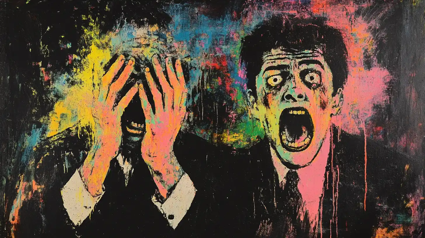 Painting of two suited men, one screaming © History Oasis Expressionist painting of two suited men, one screaming in terror