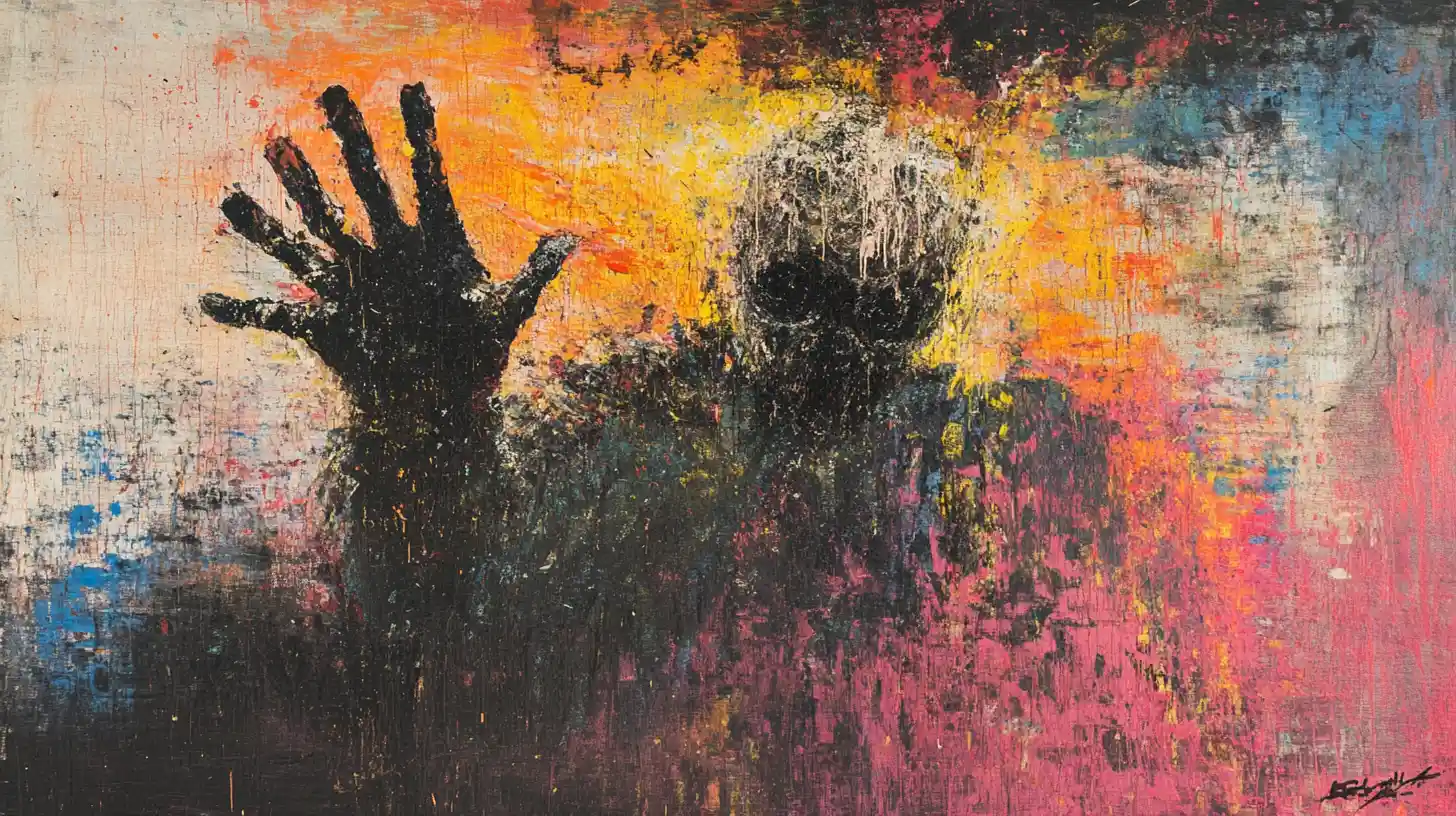 Abstract painting of a shadowy figure raising a hand © History Oasis Abstract painting of a dark shadowy figure raising one hand