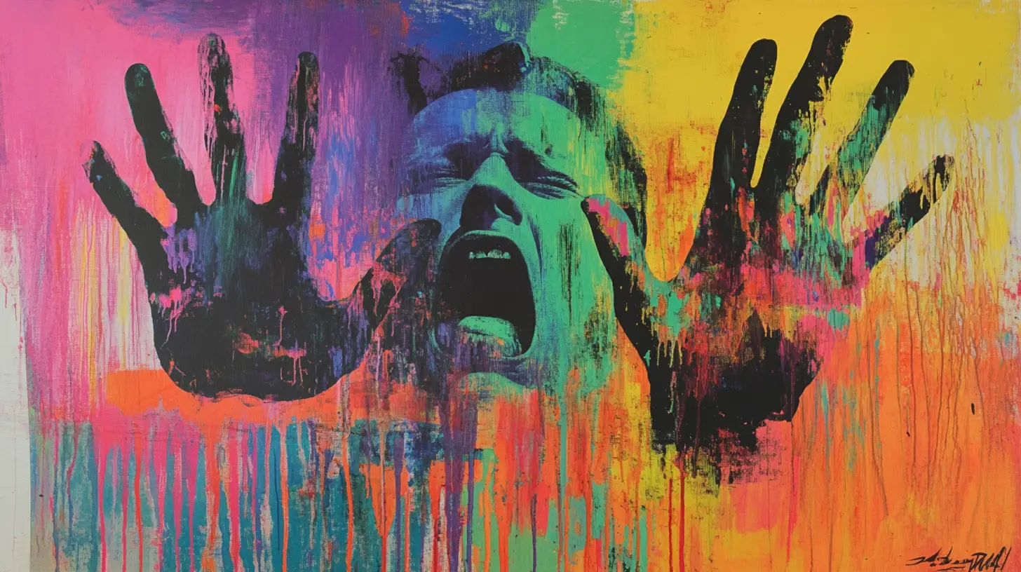 Screaming face between two black handprints © History Oasis Neon painting of a screaming face between two black handprints