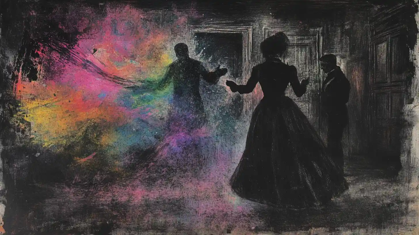 Victorian woman facing shadowy figures in a dark room © History Oasis Charcoal painting of a Victorian woman facing figures in a dark room