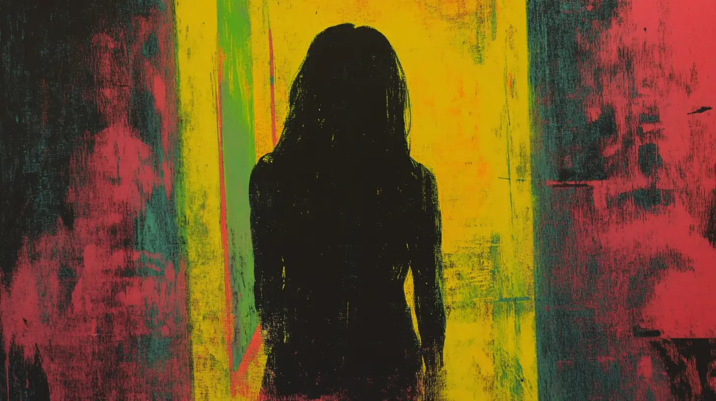 Silhouette of a long-haired woman against yellow panels © History Oasis Black silhouette of a long-haired woman against yellow and red panels