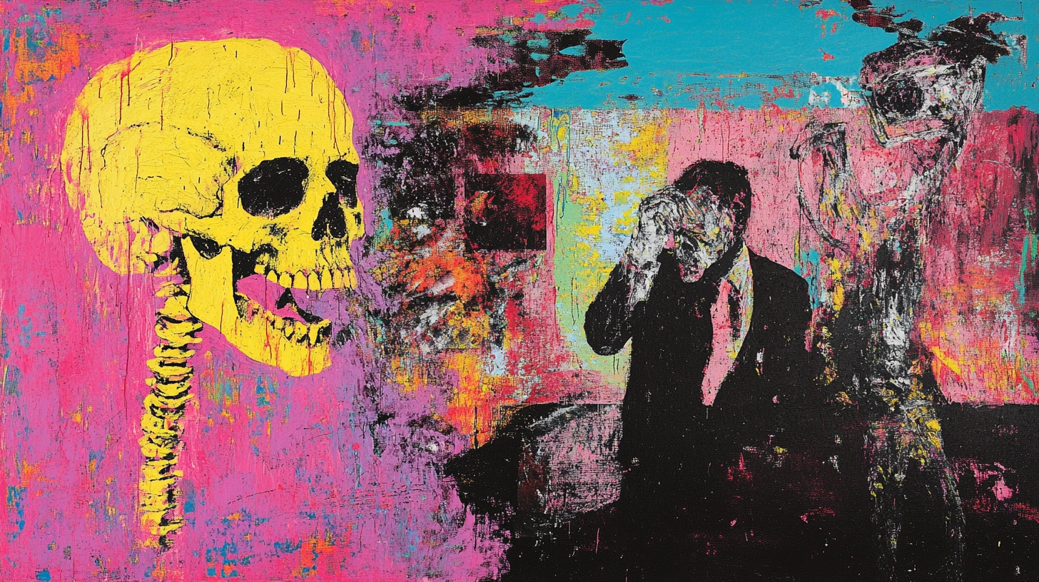 Yellow skull beside a suited man covering his face © History Oasis Painting of a yellow skull and a suited man covering his face