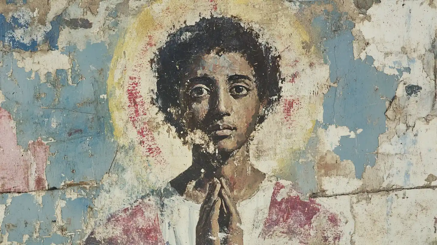 Coptic wall fresco of a praying figure © History Oasis Faded Coptic wall fresco of a haloed young figure praying