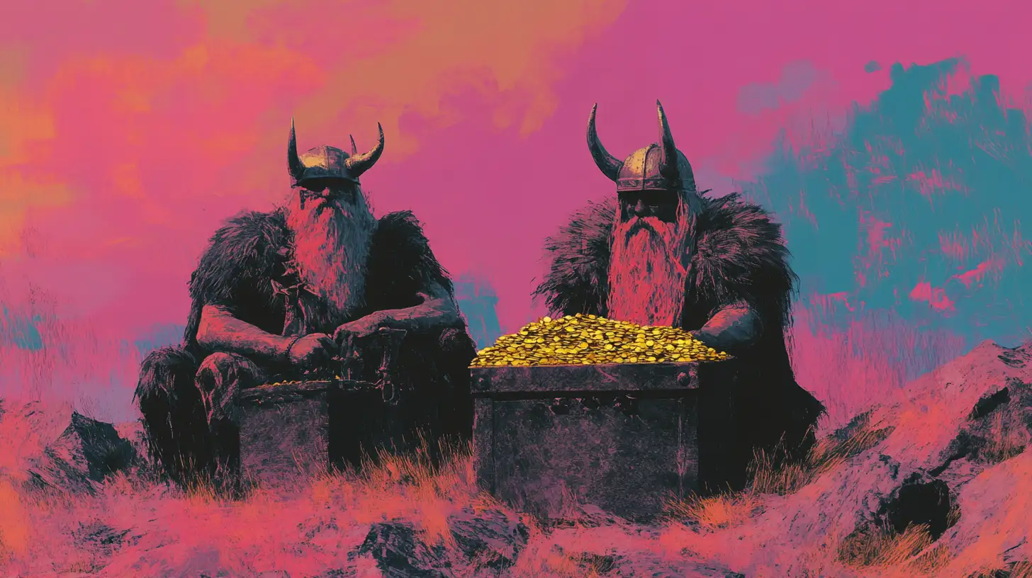 Vikings With Treasure Boxes Full Of Gold