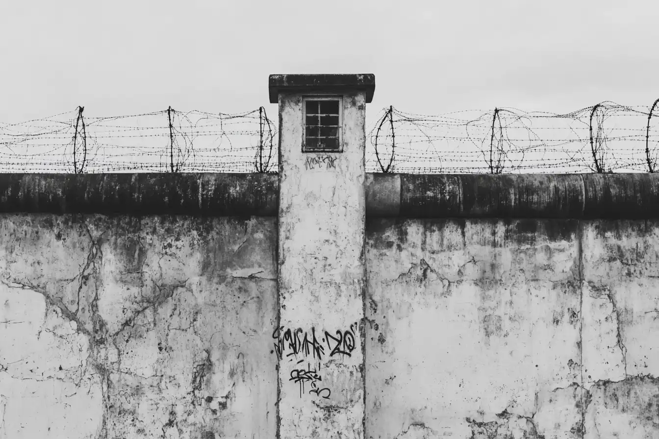 Berlin Wall with barbed wire © History Oasis Graffitied concrete wall topped with barbed wire and a guard post window