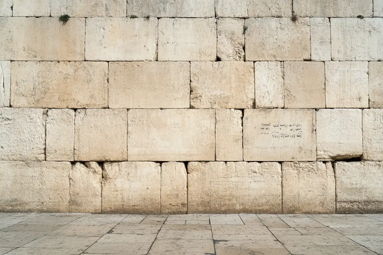 Ancient limestone wall blocks © History Oasis Ancient limestone block wall above a paved plaza with an inscribed stone