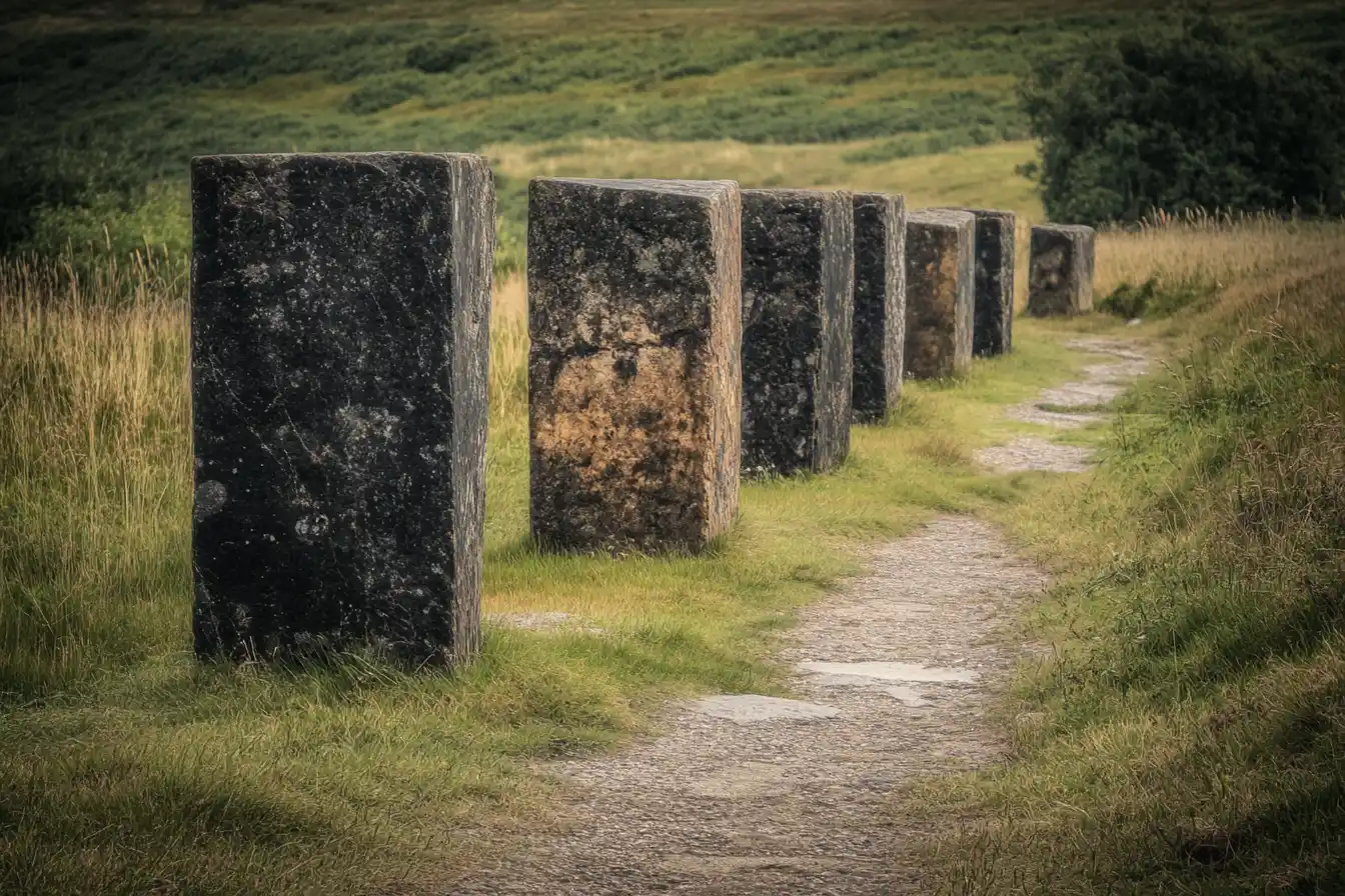 Upright stone slabs along a path © History Oasis Row of upright weathered stone slabs beside a grassy footpath