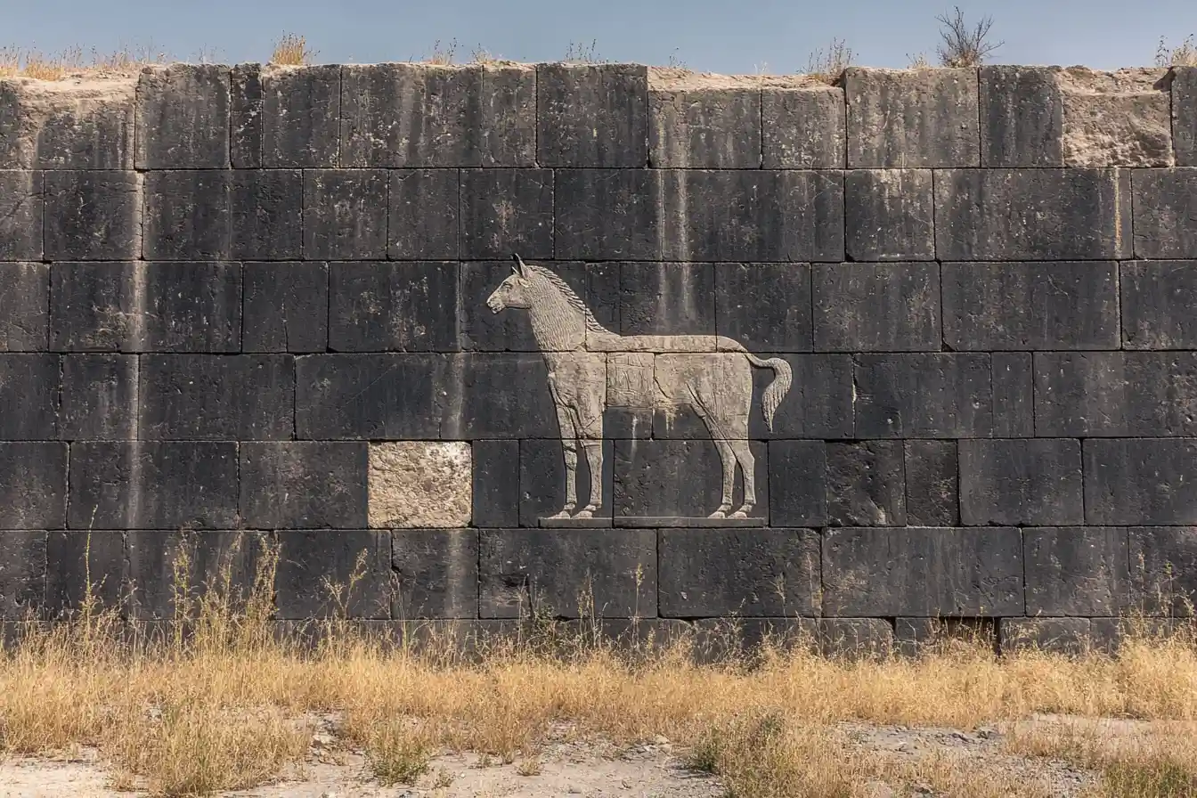 Horse relief carved into basalt wall © History Oasis Carved horse relief on the black basalt blocks of a city wall