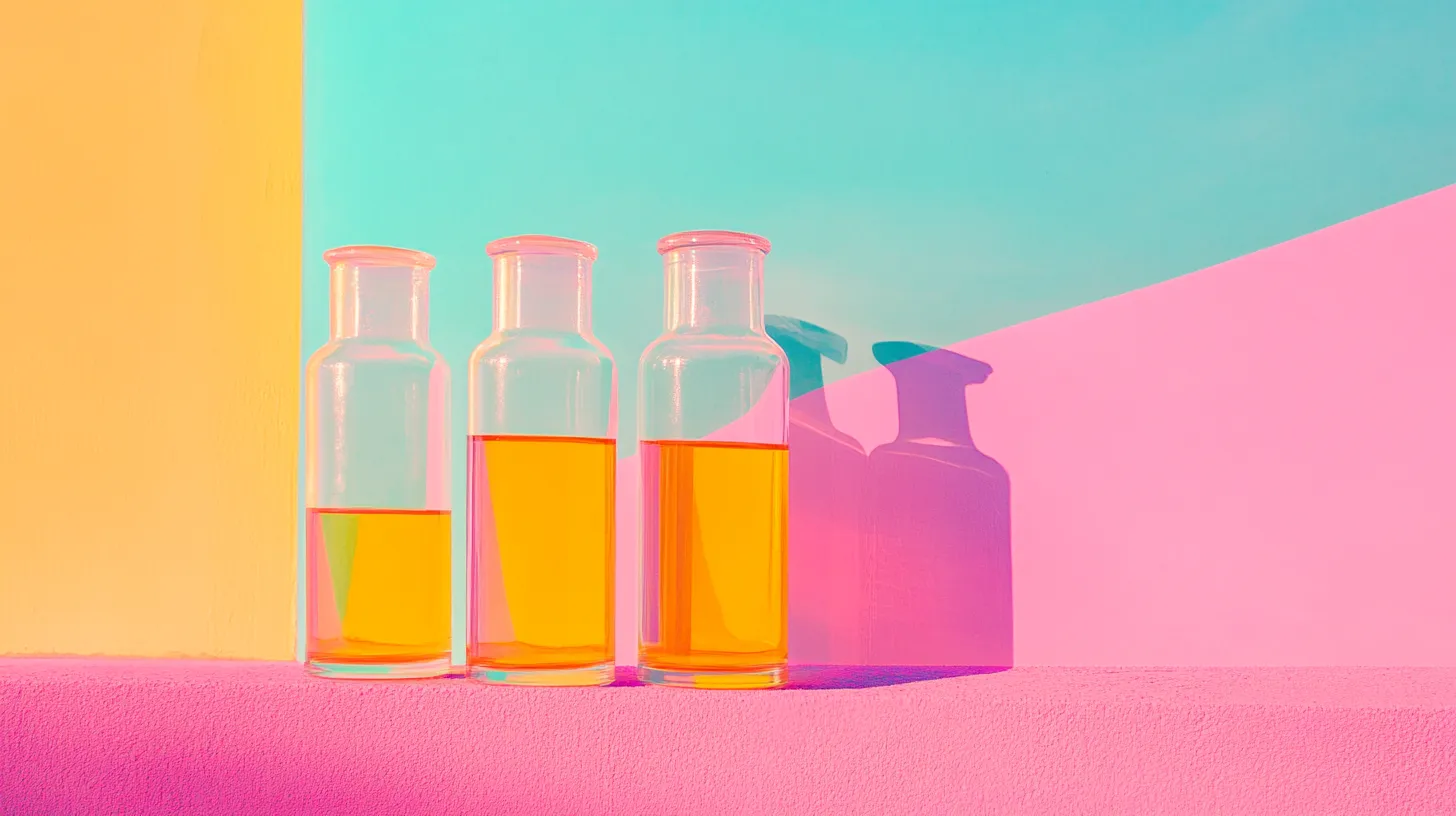 Three glass laboratory bottles of amber liquid on a pastel background