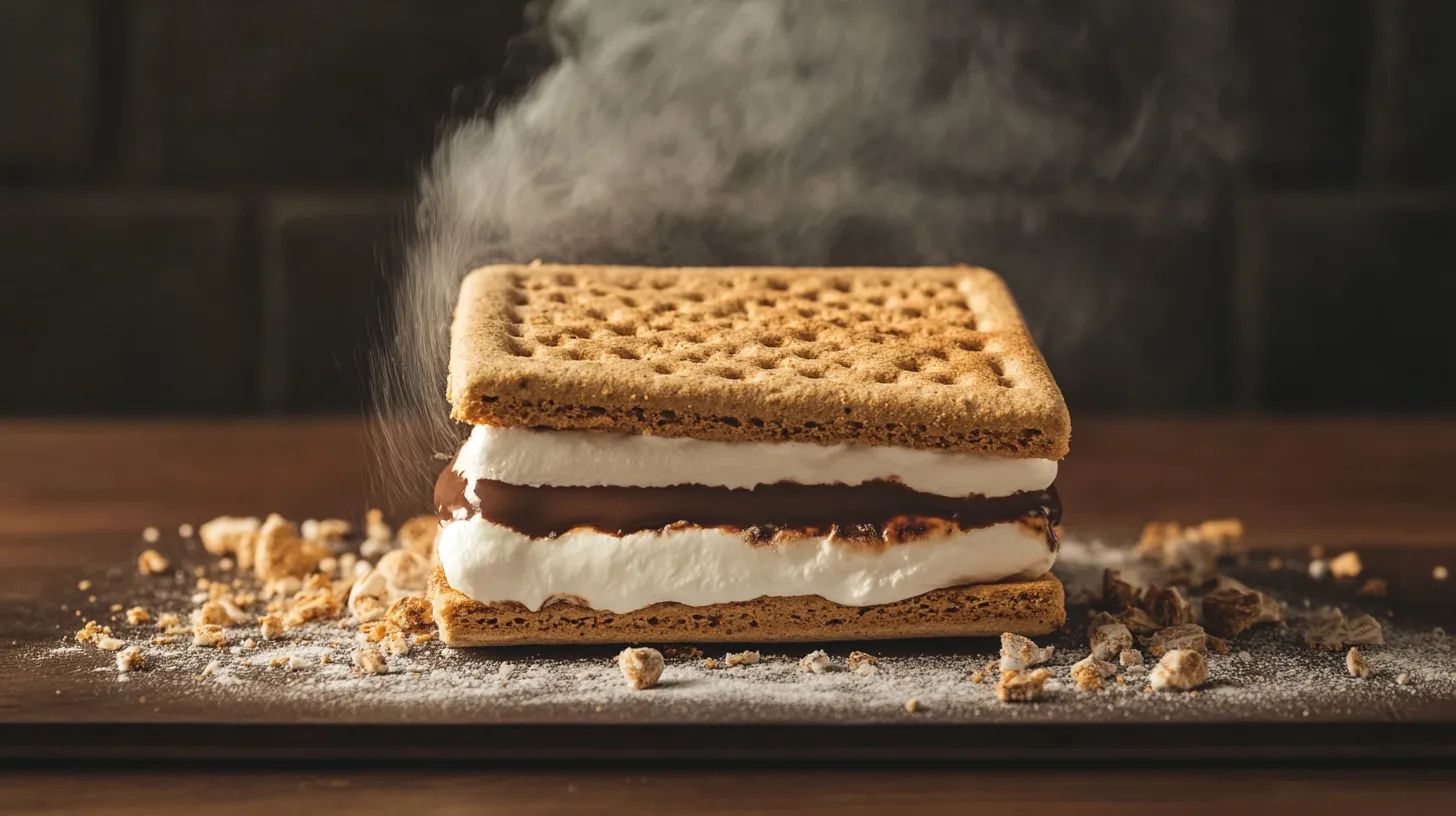 Toasted s'more with graham crackers, marshmallow, and melted chocolate