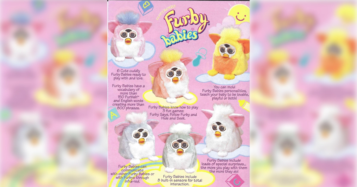 Hasbro Furby Babies toy box panel showing six colorful Furby Babies