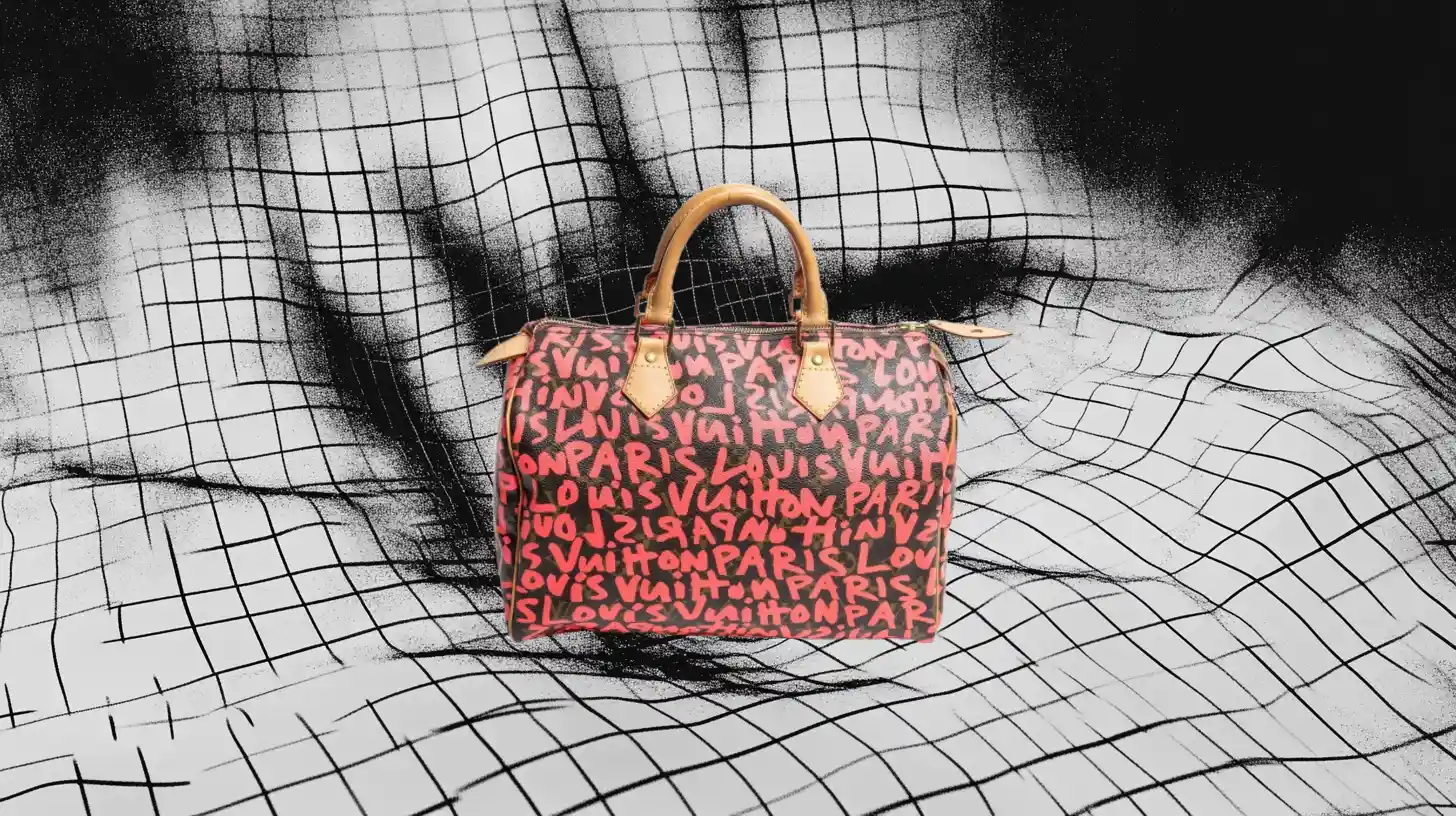 The Sprouse graffiti Speedy, a 2001 capsule revived once in 2009 — Louis Vuitton A Louis Vuitton Speedy in the Stephen Sprouse graffiti print, LOUIS VUITTON PARIS scrawled in pink across the canvas