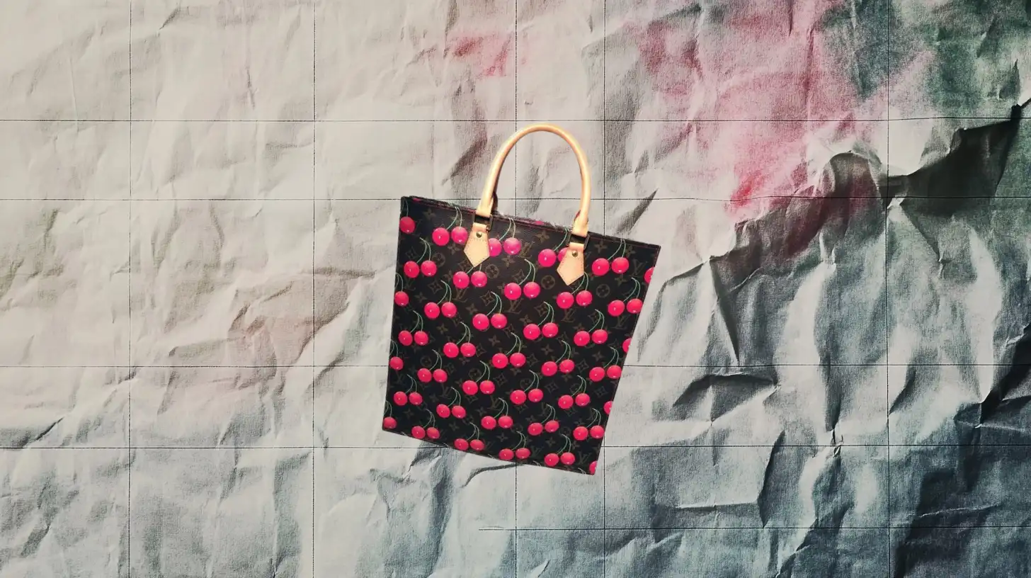 Murakami's Cerises print of 2005, revived in the 2025 re-edition — Louis Vuitton A flat Louis Vuitton Monogram tote covered in Takashi Murakami's pink and red cherry print