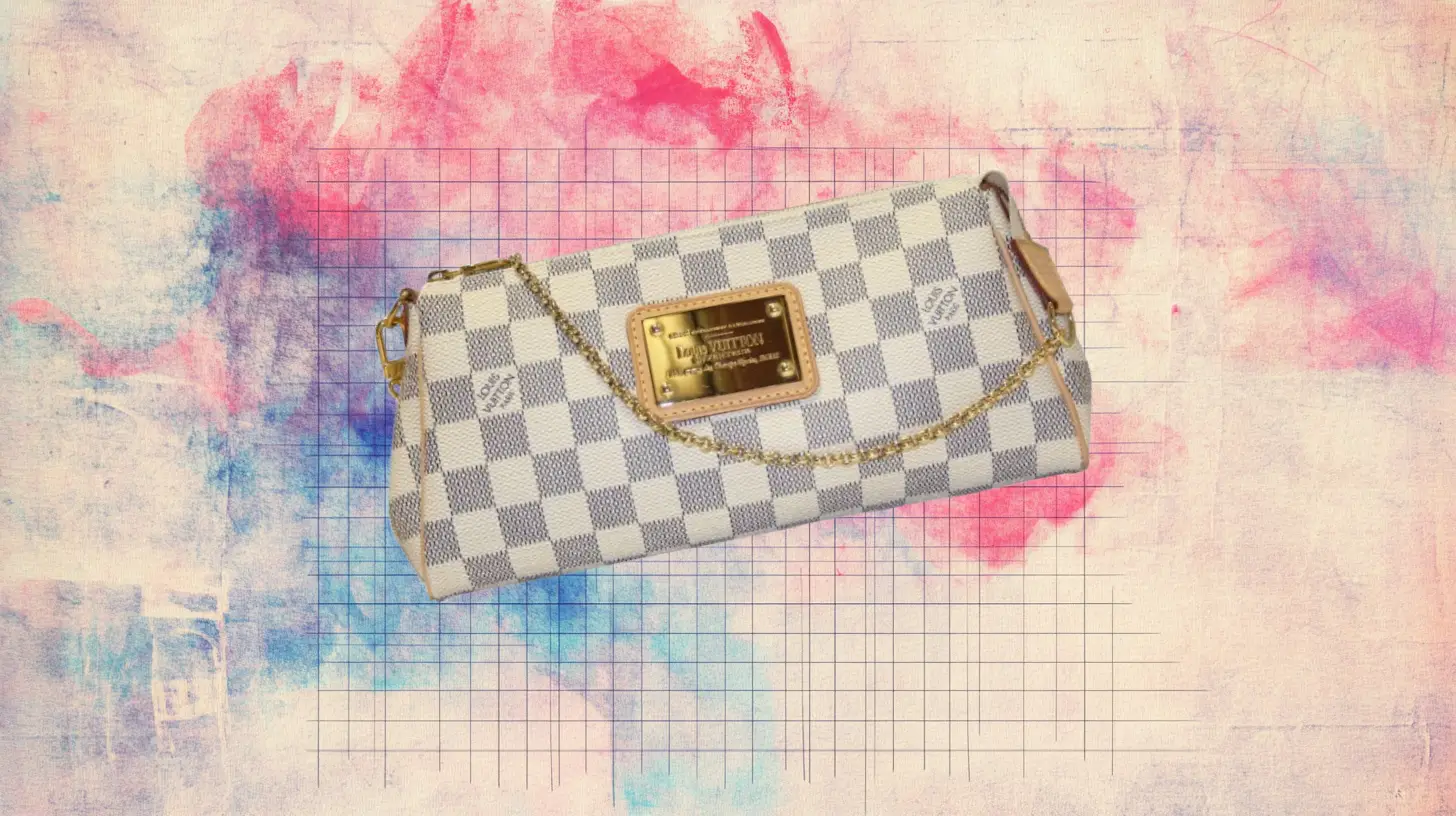 The Eva Clutch, reissued in 2025 as the Pochette Eva — Louis Vuitton A Louis Vuitton Damier Azur Eva clutch in pale blue check with a gold nameplate and chain strap