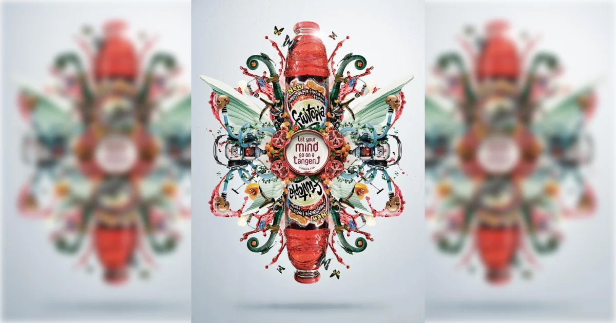 The Coca-Cola Company Fruitopia ad, red bottle in psychedelic collage, "Let your mind go on a tangent"