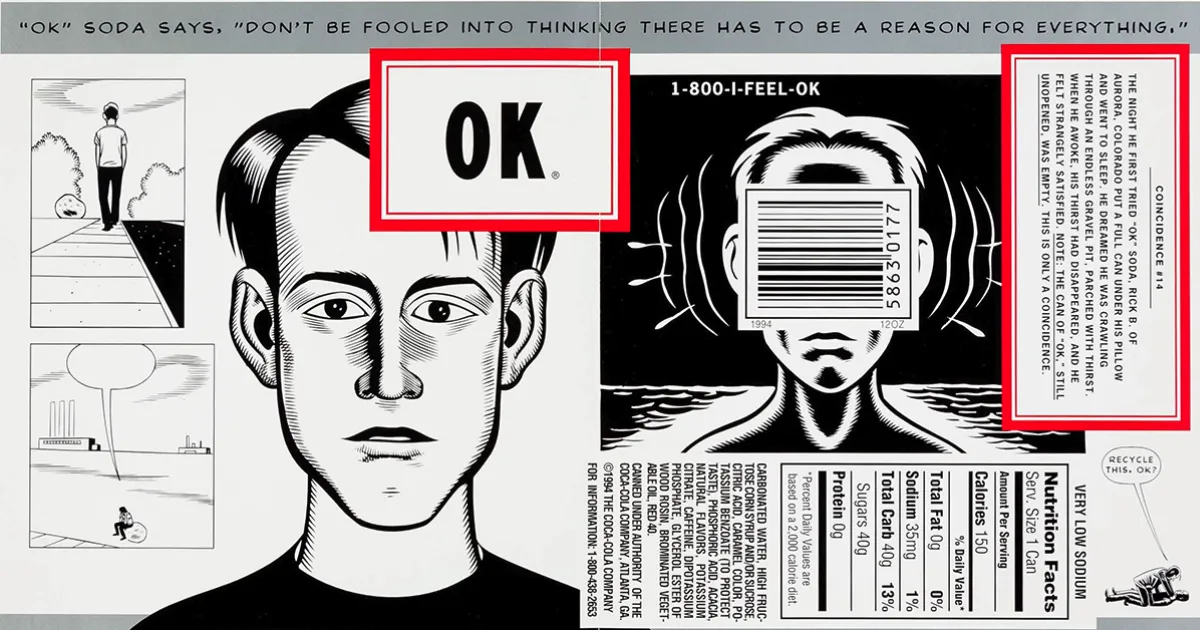 The Coca-Cola Company OK Soda can label artwork, black-and-white comic faces and OK logo